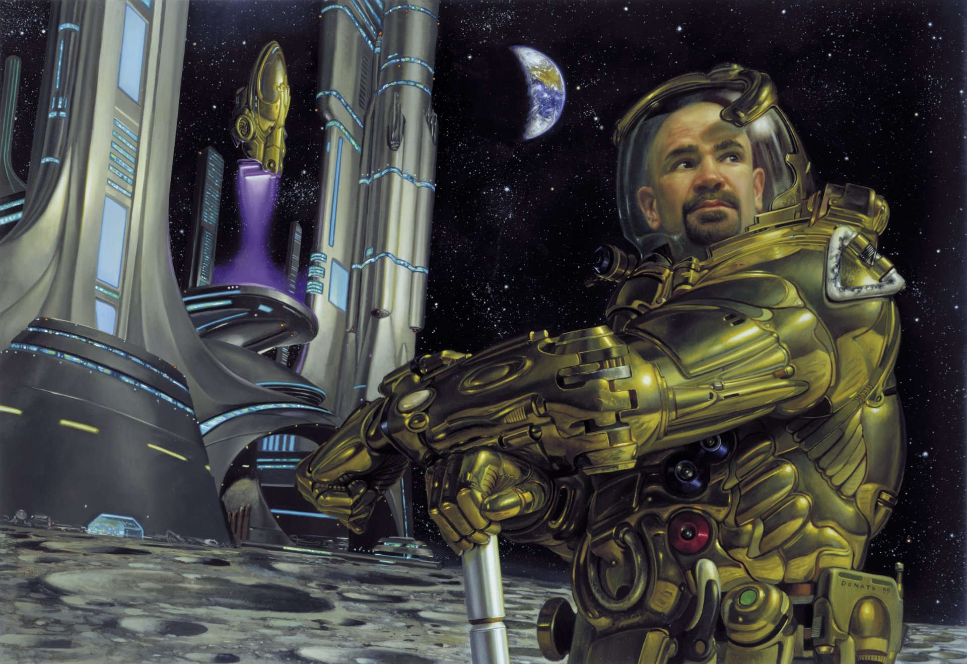 Sci-Fi astronaut in an ornate golden suit stands on a lunar surface before a futuristic city and distant Earth — 2K Quad HD PC desktop wallpaper and background.