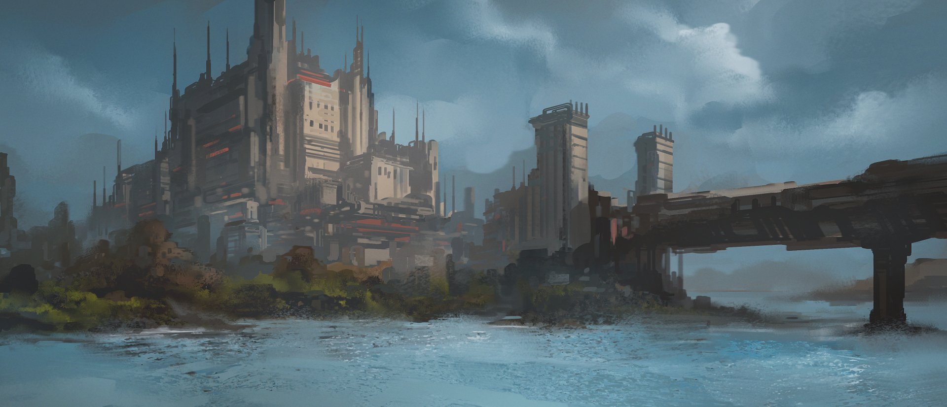 HD PC desktop wallpaper featuring a fantasy castle with towering spires set against a moody, cloudy sky by the water's edge.