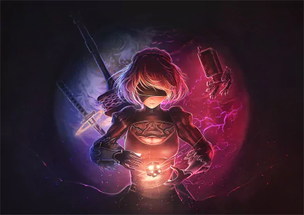 HD desktop wallpaper featuring YoRHa No.2 Type B (2B) from NieR: Automata. The character with short hair and a katana stands against a glowing, ethereal background.