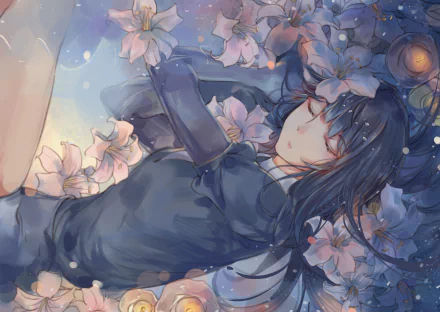 Lapis Lazuli (Land of the Lustrous) reclines among pale pink flowers, dark blue hair fanned out, soft ethereal light — anime 2K Quad HD PC desktop wallpaper/background.