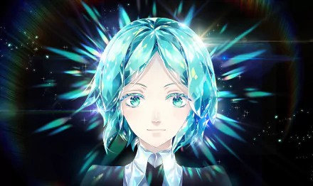 Phosphophyllite (Land of the Lustrous) — anime portrait with shimmering turquoise crystalline hair and gem-like eyes, radiant starburst light on a dark 2K Quad HD PC desktop wallpaper background.