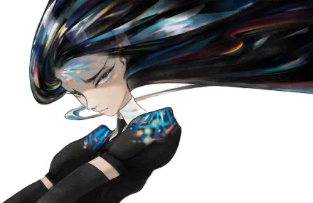 4K Ultra HD anime wallpaper featuring Bort from Land of the Lustrous with flowing, glossy black hair and a reflective gemstone-like outfit on a white background.