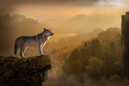 A digital artwork of a wolf standing on a cliff, overlooking a misty forest with sunlight breaking through the trees. This HD desktop wallpaper exudes a serene and majestic natural landscape.