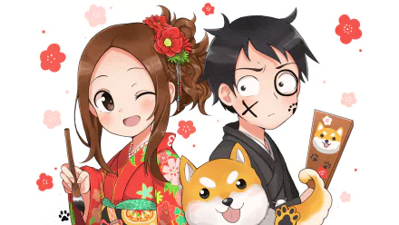 HD desktop wallpaper featuring Nishikata and Takagi from the anime Karakai Jouzu no Takagi-san in traditional attire with a Shiba Inu dog, surrounded by floral patterns.