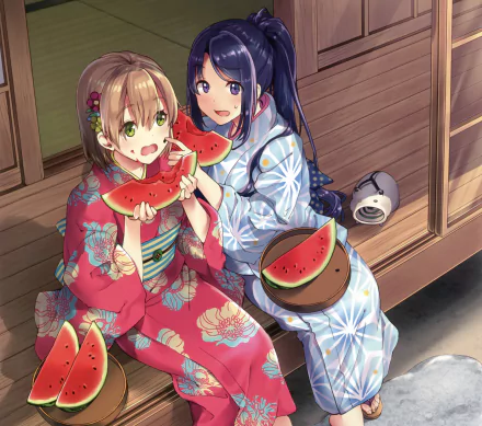 Two anime girls with green and purple eyes, blushing, wearing colorful kimonos, one with black long hair in a ponytail and the other blonde with short hair, sharing watermelon on a wooden porch.