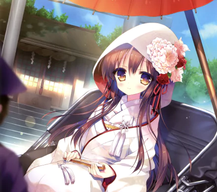 Anime-style original HD desktop wallpaper featuring a girl with brown long hair and yellow eyes, holding a parasol and fan, adorned with flowers in her hair.