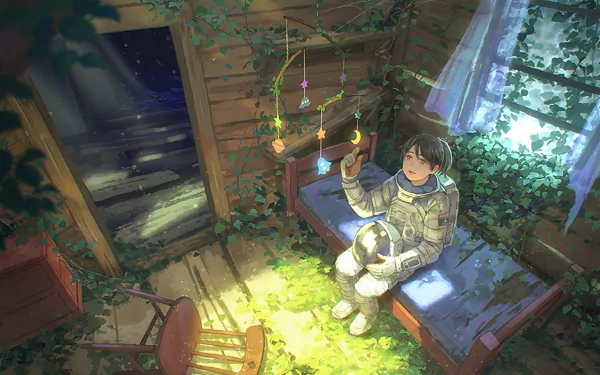 HD desktop wallpaper featuring an anime astronaut sitting in a cozy, vine-draped room, holding a helmet and gazing at a glowing lantern.