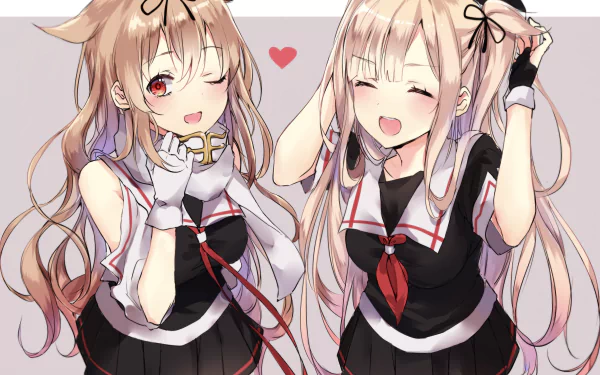 Anime-style 4K Ultra HD desktop wallpaper featuring Murasame and Yuudachi from Kantai Collection, both smiling brightly with a small red heart between them.
