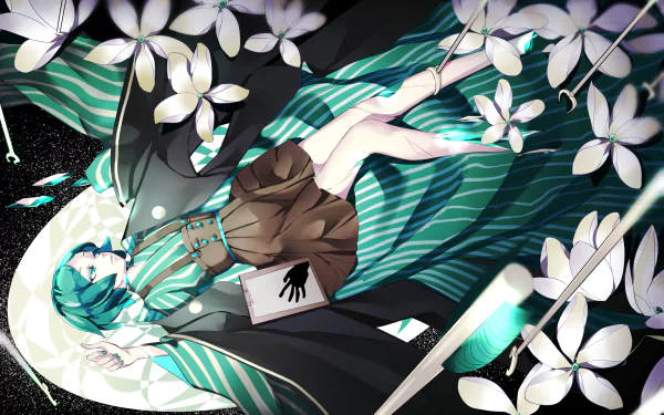 HD PC desktop wallpaper featuring Phosphophyllite from the anime Land of the Lustrous, surrounded by delicate white flowers in a detailed, vibrant anime style.