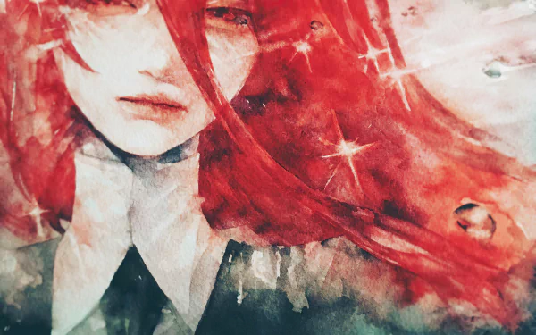 HD anime wallpaper featuring Cinnabar from Land of the Lustrous with vivid red hair and a soft, painterly texture.