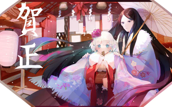 HD anime desktop wallpaper featuring Diamond and Bort from Land of the Lustrous in traditional attire with a vibrant, festive background.
