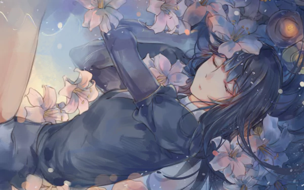 Lapis Lazuli (Land of the Lustrous) reclines among pale pink flowers, dark blue hair fanned out, soft ethereal light — anime 2K Quad HD PC desktop wallpaper/background.