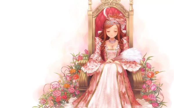 throne headdress fan tiara brown hair long hair smile flower dress Anime Original HD Desktop Wallpaper | Background Image