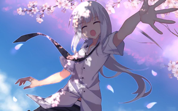 Anime original of a white-haired girl smiling beneath cherry blossoms, petals drifting against a pastel sky — 2K Quad HD PC desktop wallpaper/background.