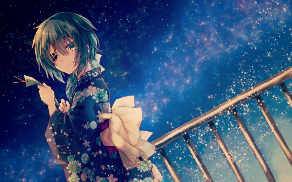 Kiso (Kancolle) from Kantai Collection in a floral kimono by a railing under a starry sky — anime HD PC desktop wallpaper and background