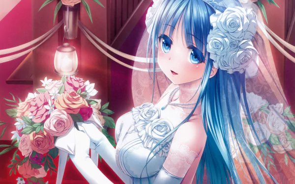 tiara blue eyes blue hair long hair blush smile veil flower bouquet wedding dress Anime Original HD Desktop Wallpaper | Background Image
