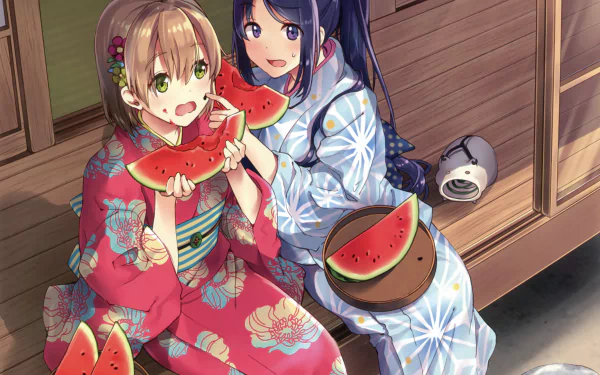 Two anime girls with green and purple eyes, blushing, wearing colorful kimonos, one with black long hair in a ponytail and the other blonde with short hair, sharing watermelon on a wooden porch.