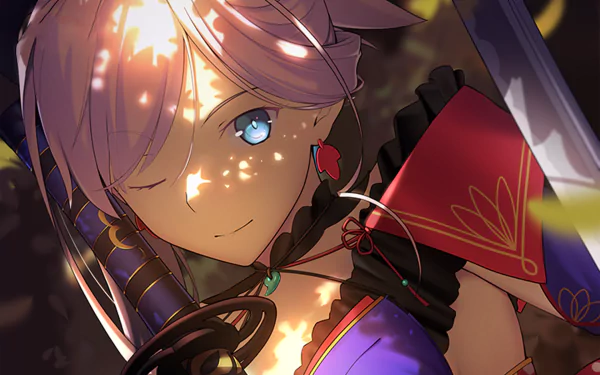 HD PC wallpaper featuring Miyamoto Musashi from Fate/Grand Order, showcasing detailed anime art with glowing light effects and vibrant colors.