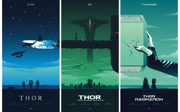 HD desktop wallpaper featuring three distinct posters from the Thor series, including Thor, Thor: The Dark World, and Thor: Ragnarok, with striking designs and references to Iron Man.