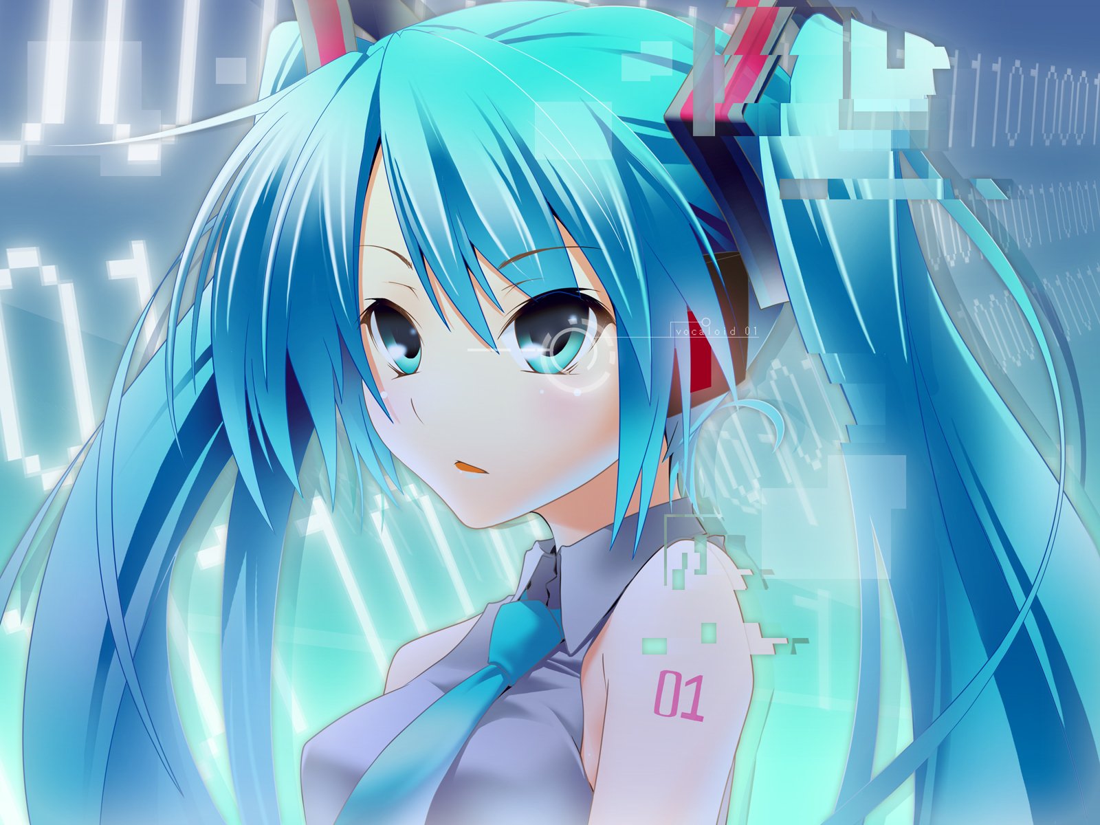 HD PC desktop wallpaper of Hatsune Miku with teal twin-tails, glowing digital backdrop, pixel accents and '01' on her shoulder, wearing a headset and tie.