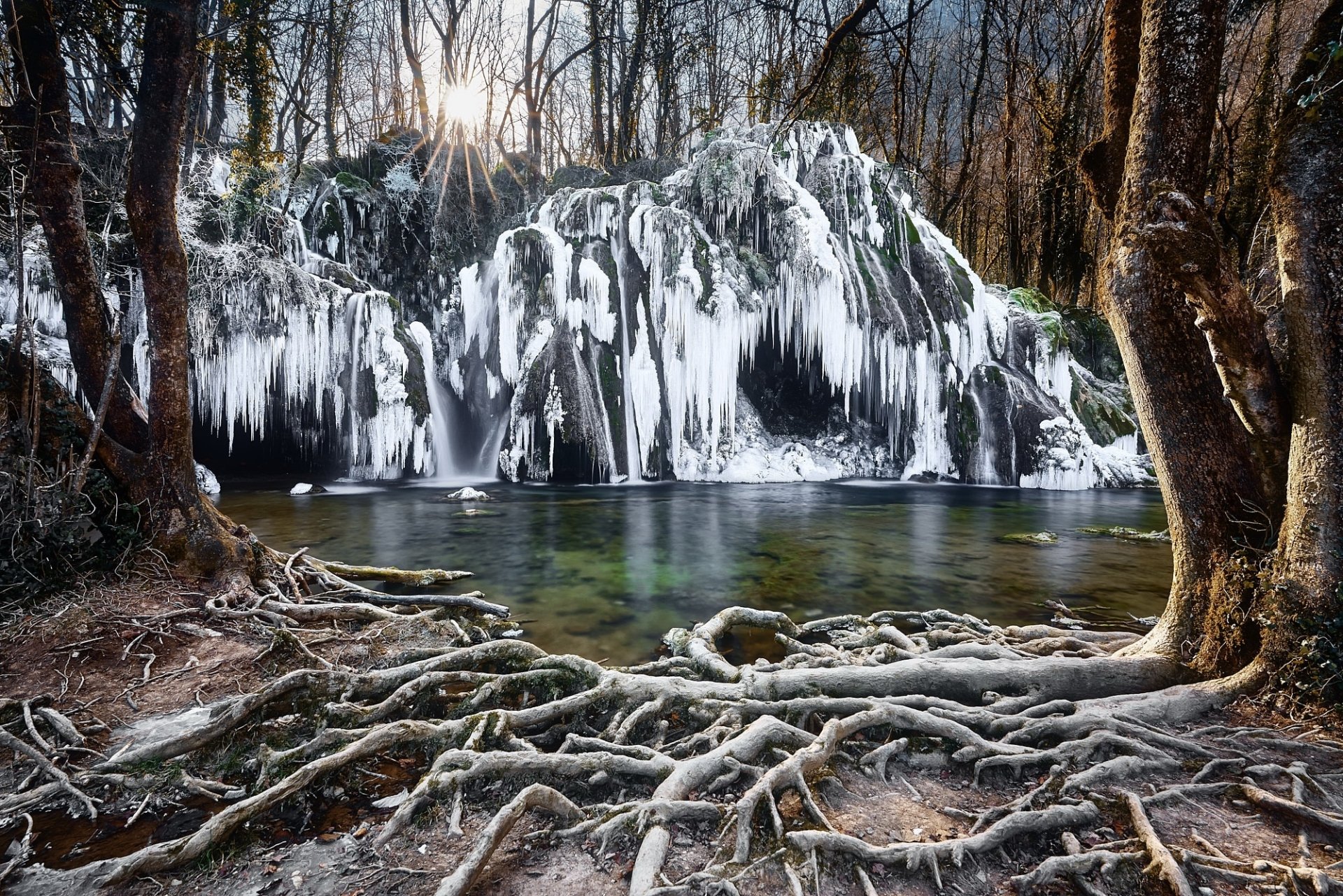 Frozen winter waterfall surrounded by icy roots and bare trees, captured in HD as a stunning nature desktop wallpaper.