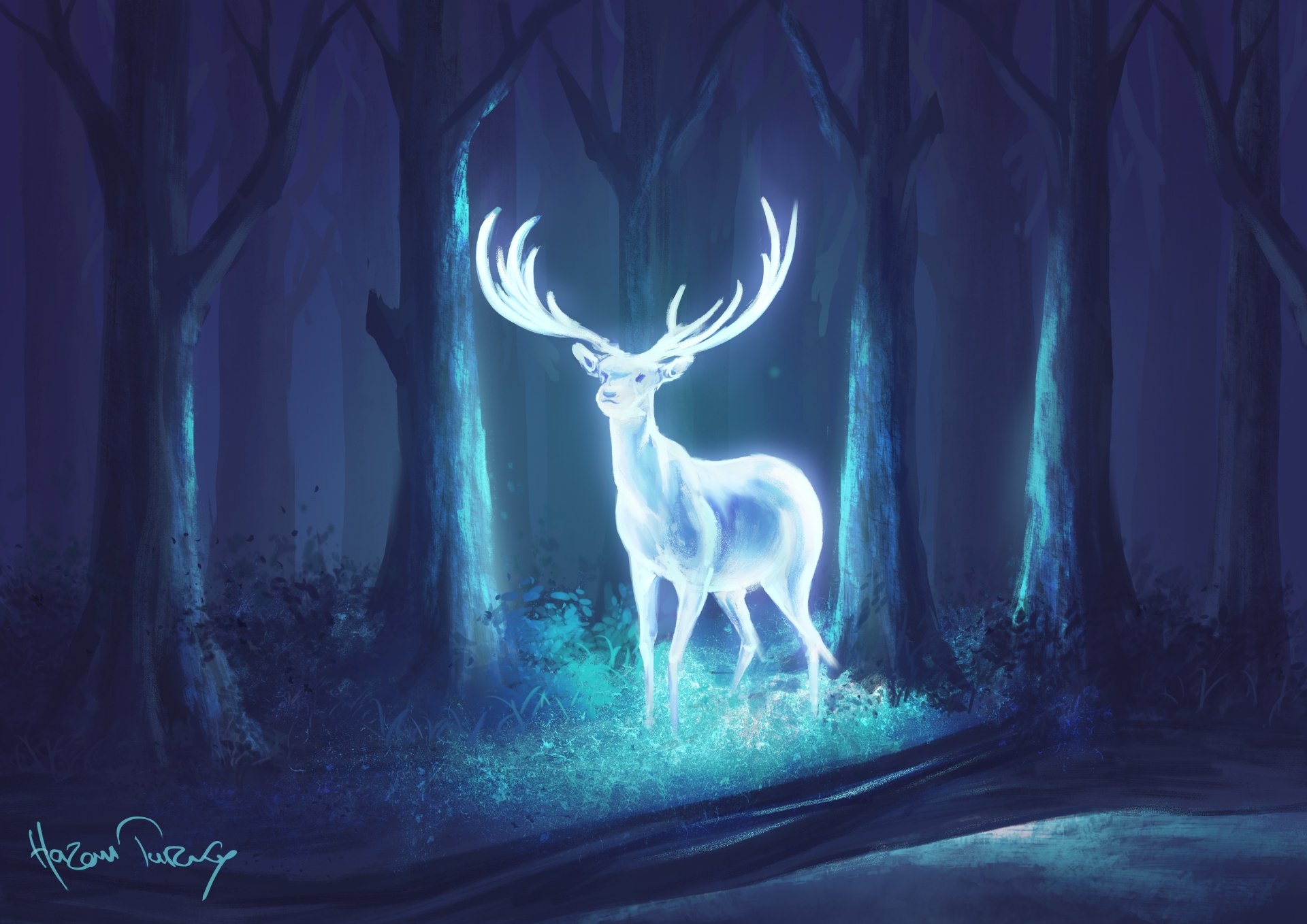 HD desktop wallpaper and background depicting a glowing, ethereal deer in a dark, mystical forest at night. The scene is imbued with a fantasy atmosphere.