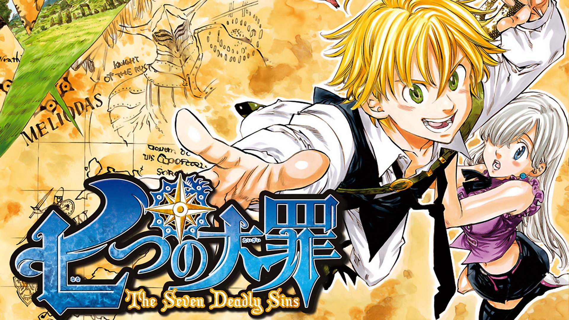 HD desktop wallpaper featuring Meliodas and Elizabeth Liones from the anime The Seven Deadly Sins, with vibrant colors and the show's logo prominently displayed.