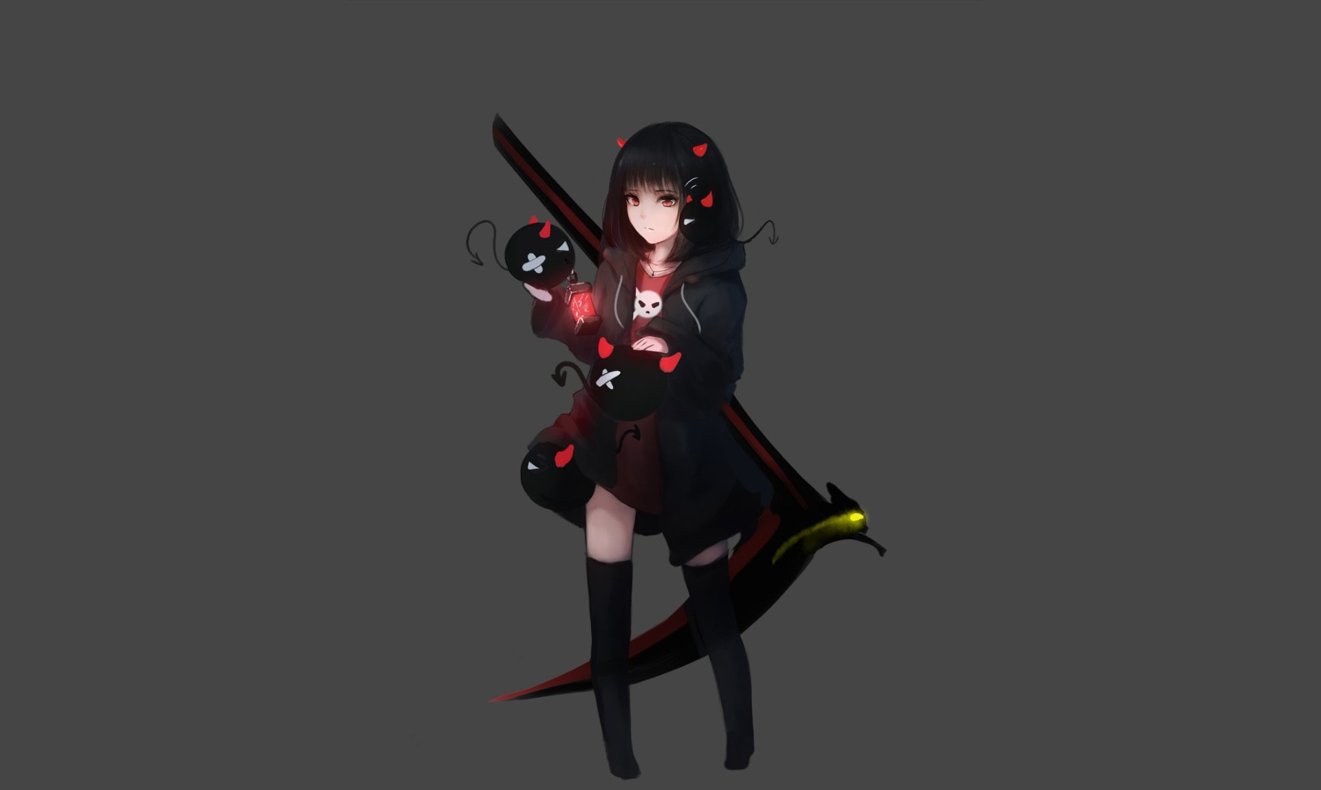 Anime-style original character in a dark dress and thigh highs, holding a glowing scythe, set against a simple background for an HD PC desktop wallpaper.