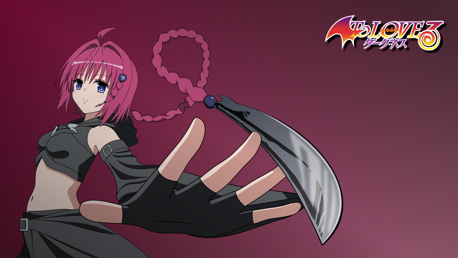 HD anime desktop wallpaper featuring Mea Kurosaki from To Love-Ru, with a dark red background and the series logo in the top right corner.