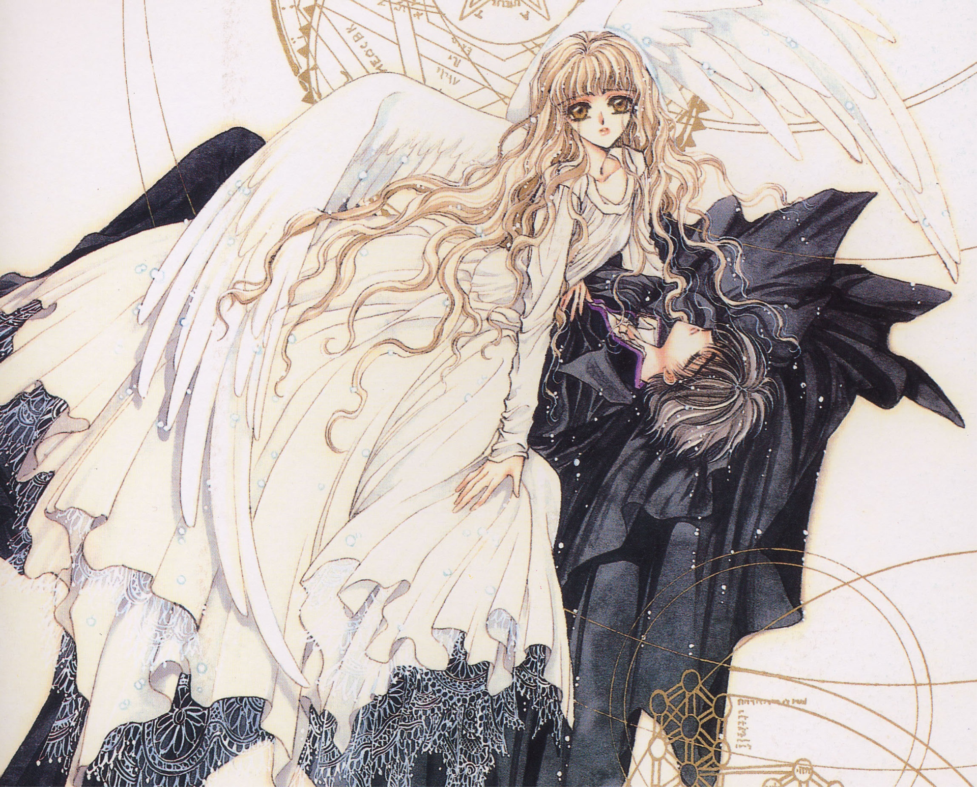 X/1999 anime scene of Kotori Monou and Kamui Shirō: Kotori in flowing white with angelic wings cradling Kamui in dark cloak — detailed 2K Quad HD PC desktop wallpaper/background.