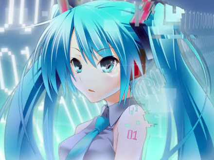 HD PC desktop wallpaper of Hatsune Miku with teal twin-tails, glowing digital backdrop, pixel accents and '01' on her shoulder, wearing a headset and tie.
