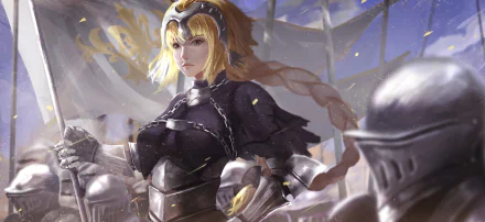 HD anime wallpaper featuring Jeanne d'Arc from Fate/Grand Order in detailed armor with a helmet, long blonde braided hair, and chain elements in the background.