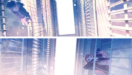 Original anime HD PC desktop wallpaper: split panels looking up between mirrored glass skyscrapers, pastel sky with floating petals and two characters peering from opposite sides.