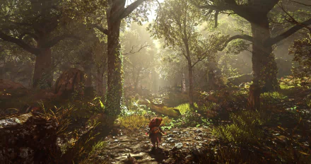 HD desktop wallpaper from Ghost of a Tale, featuring a small mouse character in a sunlit, forested landscape.