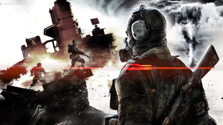 HD wallpaper featuring a character from Metal Gear Survive with a sword, set against a chaotic battlefield backdrop.