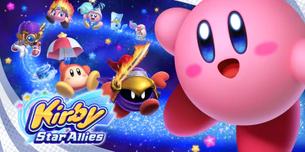HD wallpaper of Kirby and friends from Kirby: Star Allies against a starry backdrop.