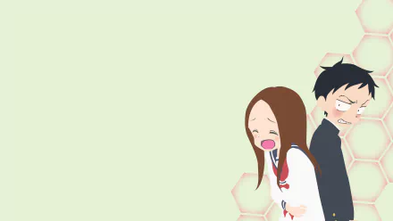 HD desktop wallpaper featuring Nishikata and Takagi from the anime Karakai Jouzu no Takagi-san. Nishikata looks embarrassed while Takagi laughs, set against a minimalistic background with hexagonal patterns.
