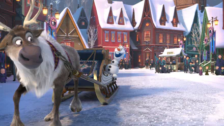 HD wallpaper featuring Olaf and Sven from Olaf's Frozen Adventure, set in a festive winter village scene.