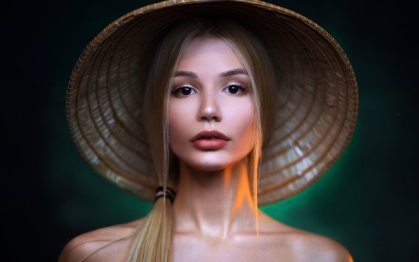 Women Model Face Lipstick Blonde Asian Conical Hat Brown Eyes HD Wallpaper | Background Image