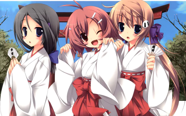 bow (Clothing) brown eyes blue eyes long hair black hair blonde short hair fan smile miko outfit Anime Original HD Desktop Wallpaper | Background Image