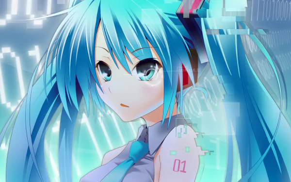 HD PC desktop wallpaper of Hatsune Miku with teal twin-tails, glowing digital backdrop, pixel accents and '01' on her shoulder, wearing a headset and tie.