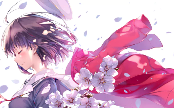 HD desktop wallpaper featuring Megumi Katō from the anime Saekano: How to Raise a Boring Girlfriend. She is surrounded by cherry blossoms, with a serene expression and a vibrant red scarf.