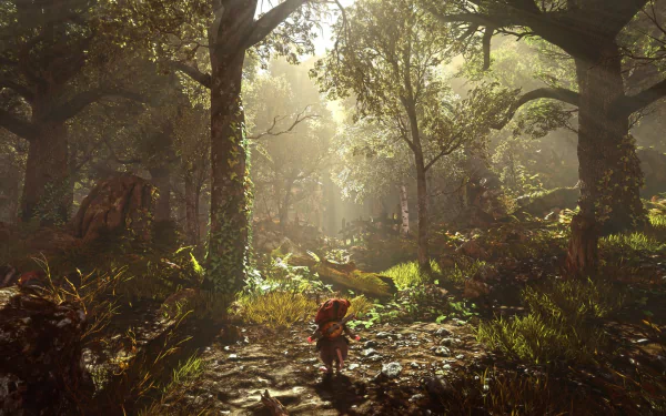 HD desktop wallpaper from Ghost of a Tale, featuring a small mouse character in a sunlit, forested landscape.