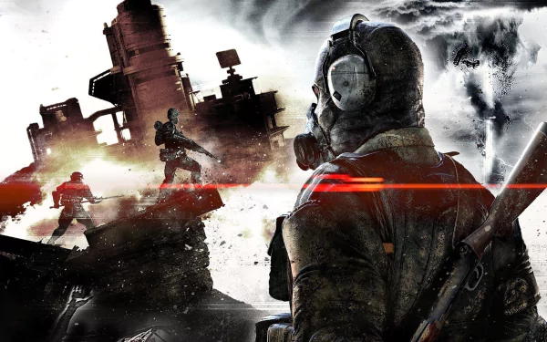 HD wallpaper featuring a character from Metal Gear Survive with a sword, set against a chaotic battlefield backdrop.