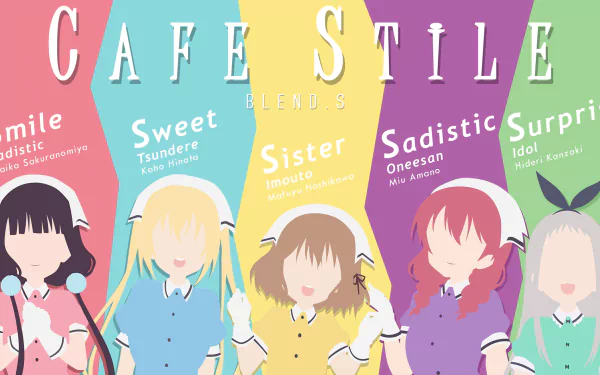 A vibrant HD desktop wallpaper featuring Maika Sakuranomiya, Kaho Hinata, Mafuyu Hoshikawa, Hideri Kanzaki, and Miu Amano from the anime Blend S, with colorful backgrounds representing their characters.