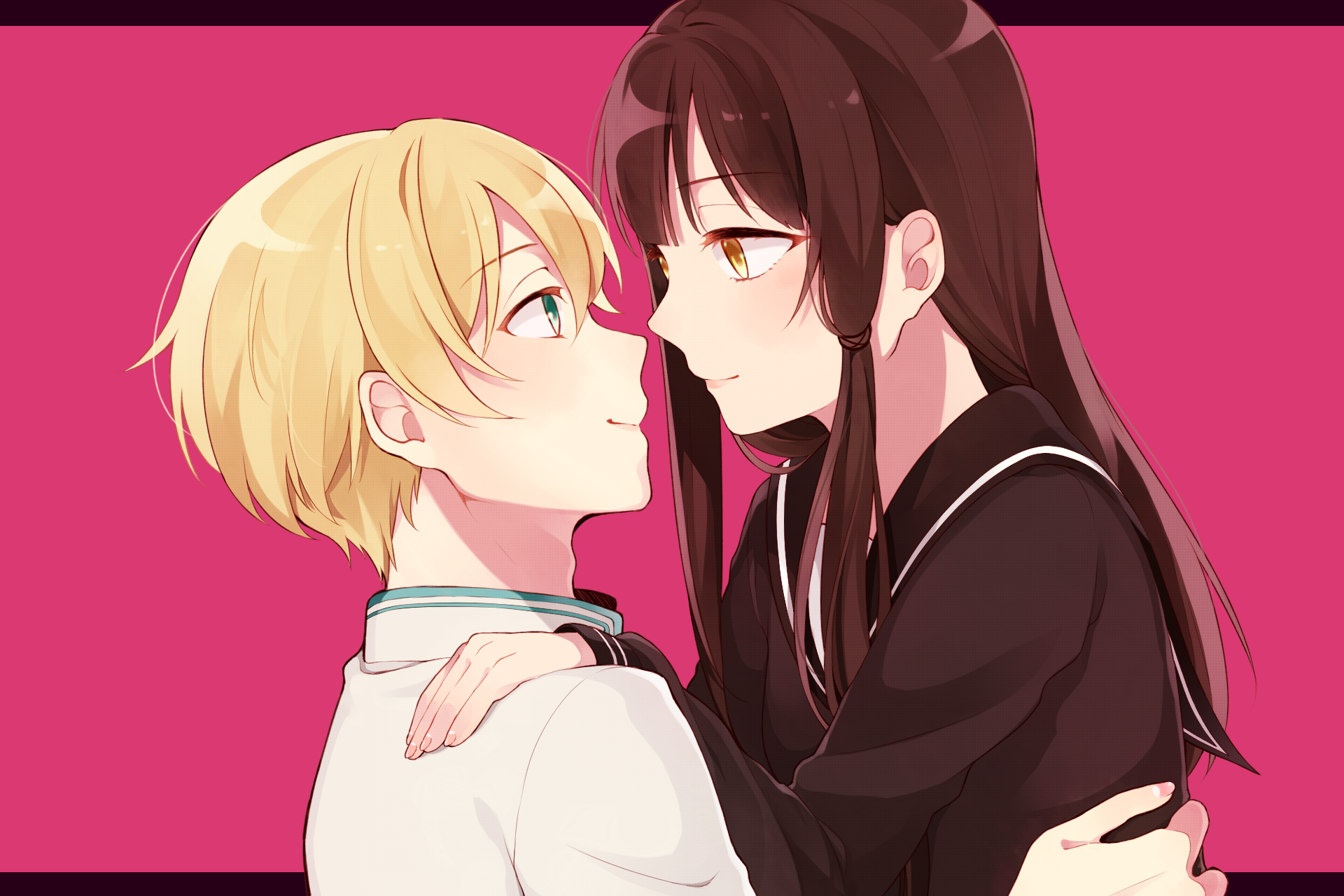 Anime-style HD desktop wallpaper featuring an original artwork of a blonde-haired person and a dark-haired person embracing against a solid pink background.
