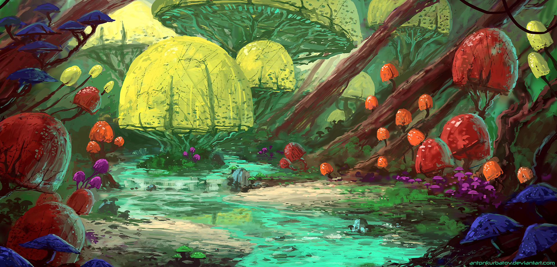 A vibrant fantasy landscape featuring oversized colorful mushrooms and a glowing turquoise stream, rendered in detailed HD for a nature-inspired PC desktop wallpaper.