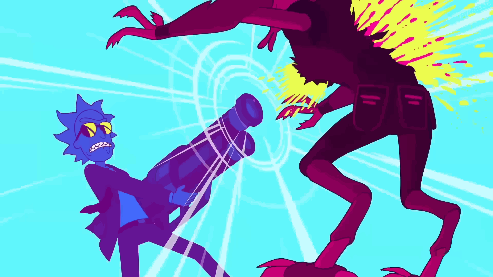 HD desktop wallpaper featuring Rick Sanchez from Rick and Morty attacking a creature, with the style and theme inspired by Run the Jewels. Bright colors and intense action dominate the background.