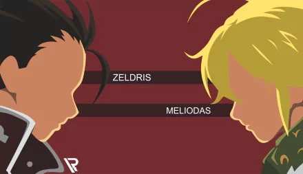 HD desktop wallpaper featuring Zeldris with black hair and Meliodas with blonde hair from the anime The Seven Deadly Sins, set against a red background.