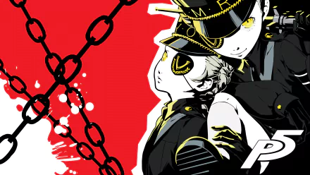 4K Ultra HD Persona 5 PC wallpaper featuring two characters in stylized black and yellow outfits against a bold red background with chains.